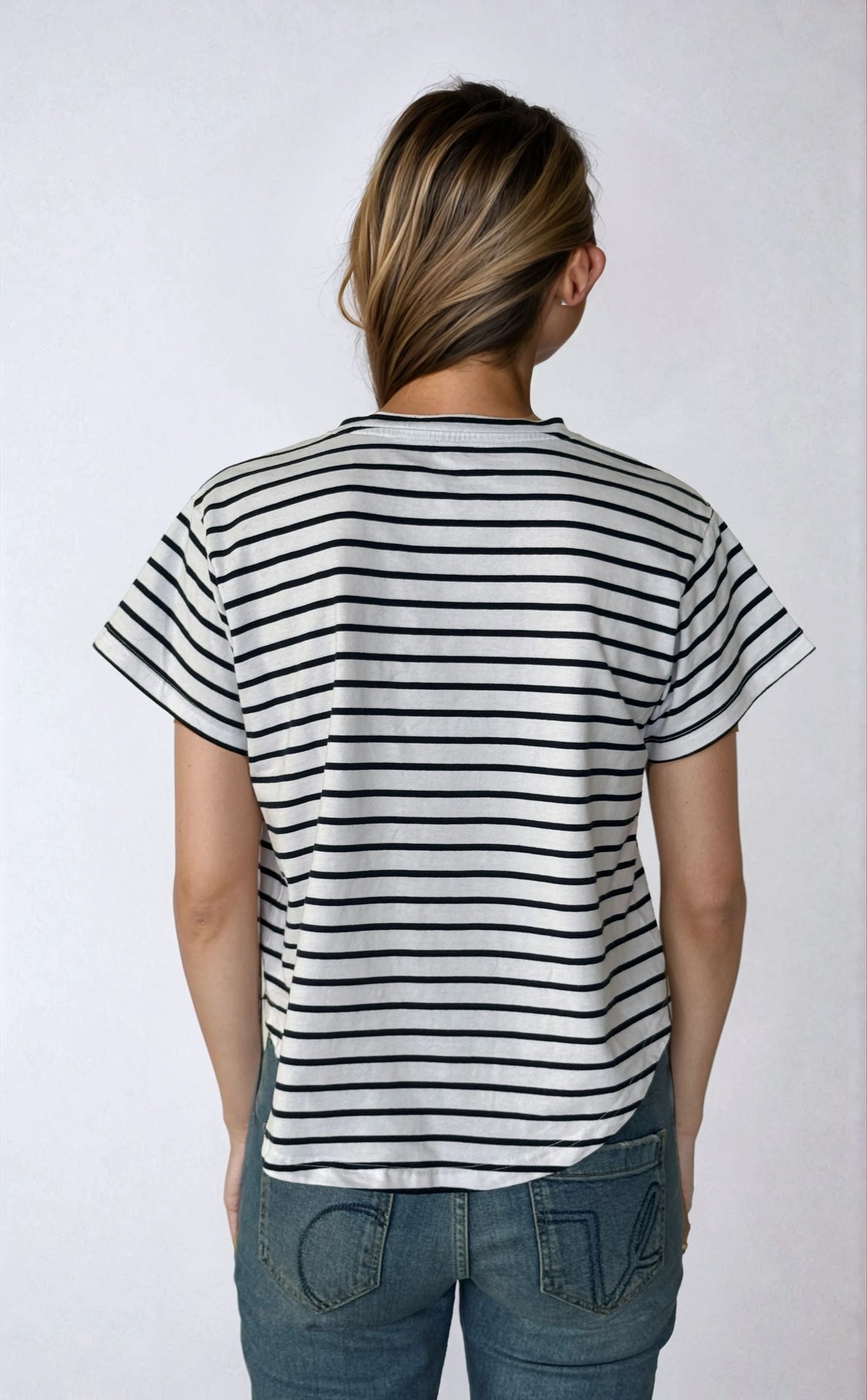 The V Neck Applique Tee - Lobster - Navy Stripe-Red
