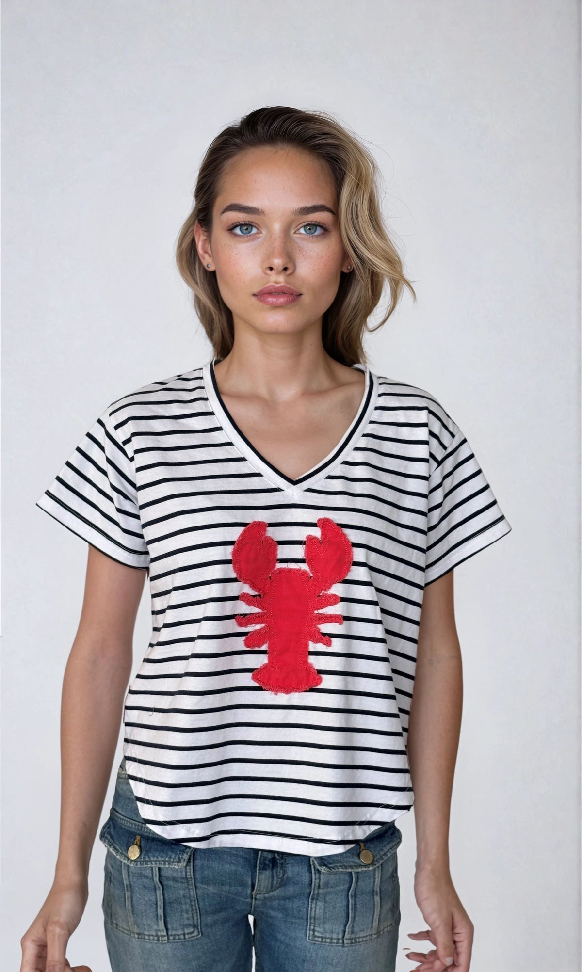 The V Neck Applique Tee - Lobster - Navy Stripe-Red
