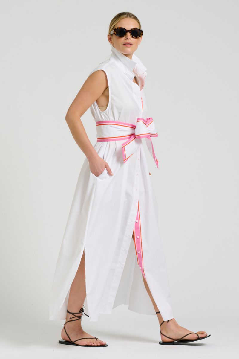 Sabine Dress Sleeveless Dress - White With Pink & Beige Trim