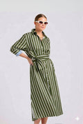 The Luna Oversized Long Shirtdress - Wide Olive Stripe