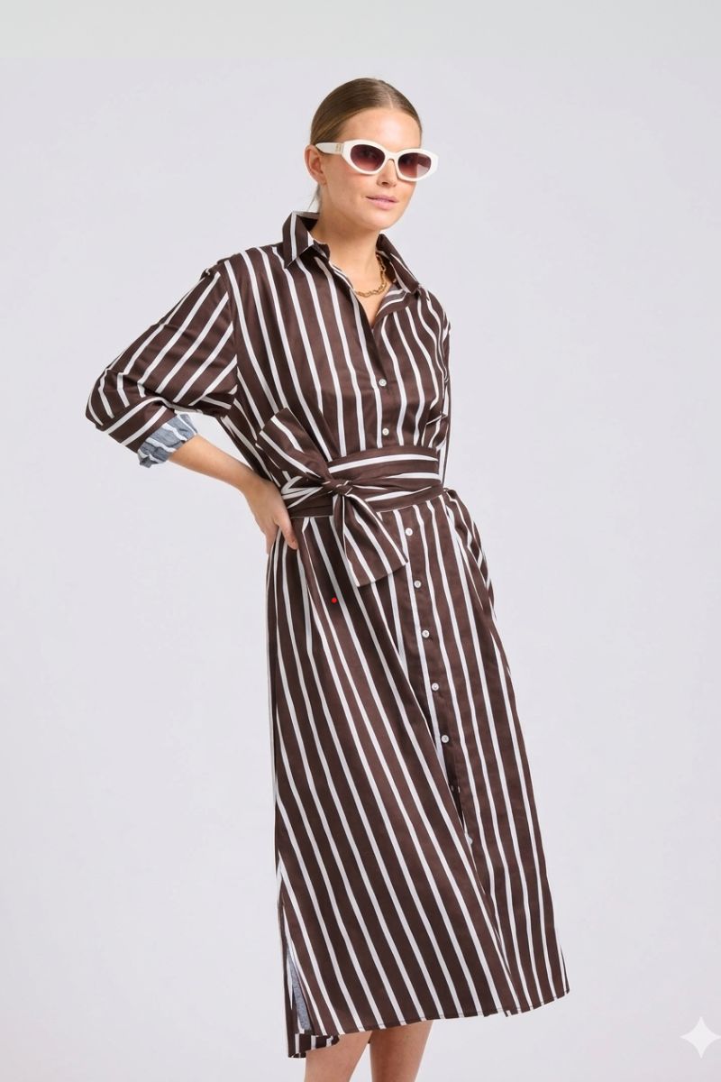 The Luna Oversized Long Shirtdress - Wide Chocolate Stripe