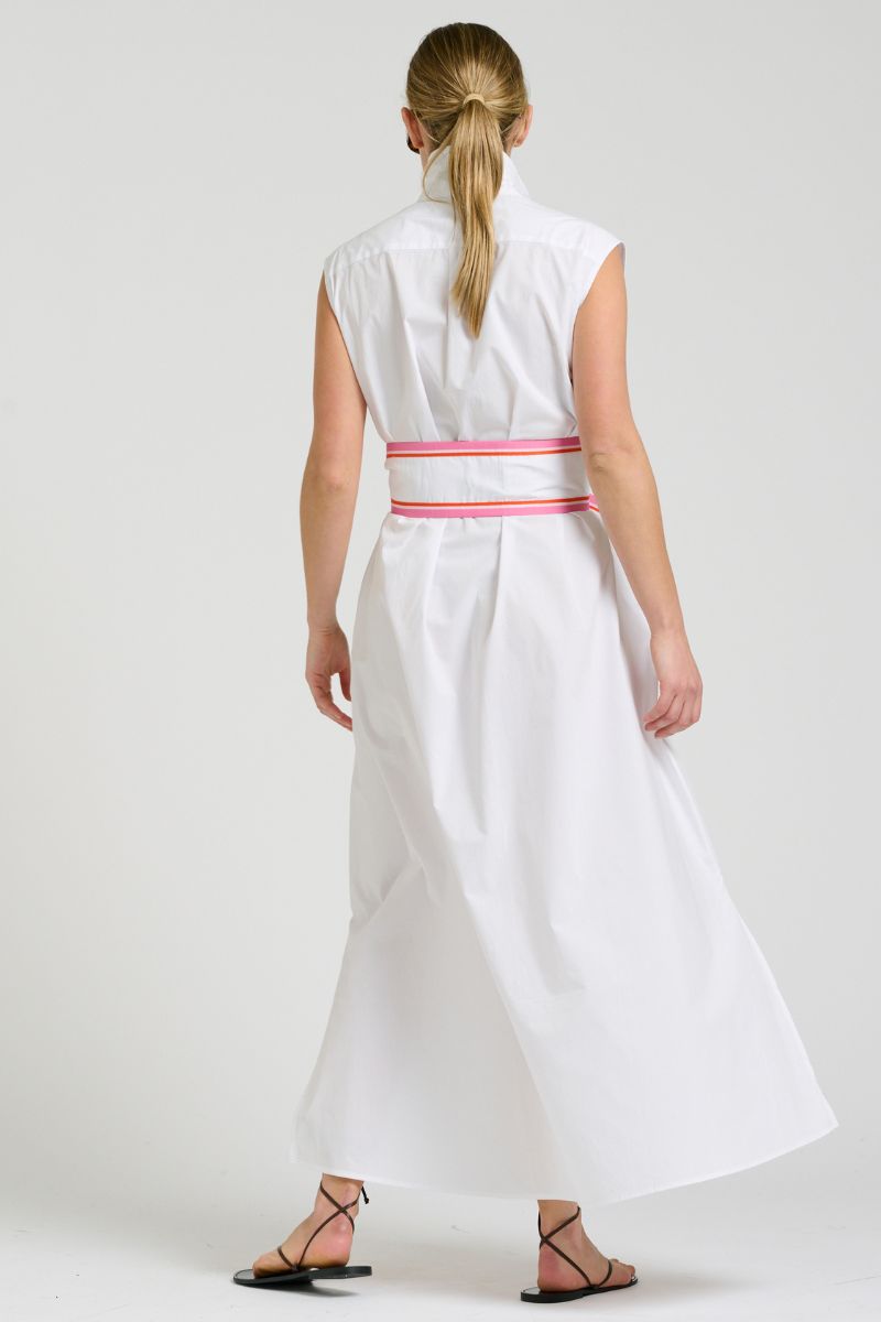 Sabine Dress Sleeveless Dress - White With Pink & Beige Trim