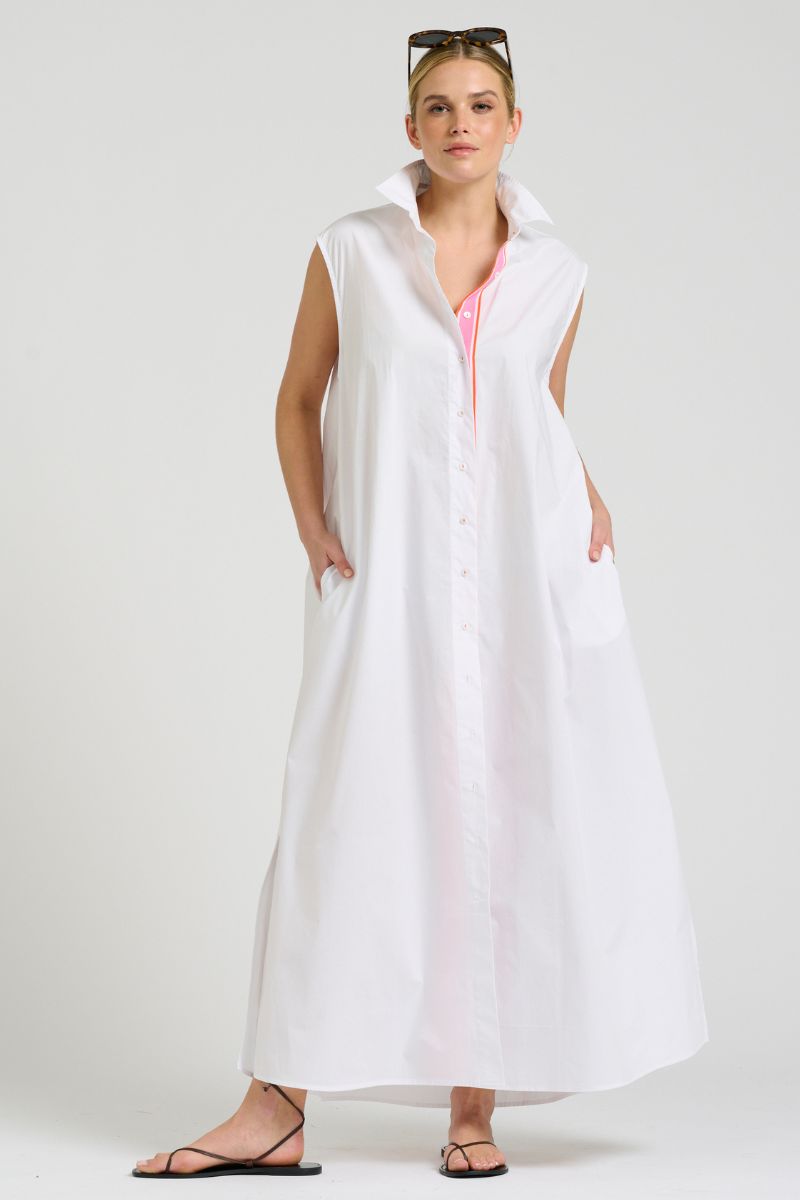 Sabine Dress Sleeveless Dress - White With Pink & Beige Trim