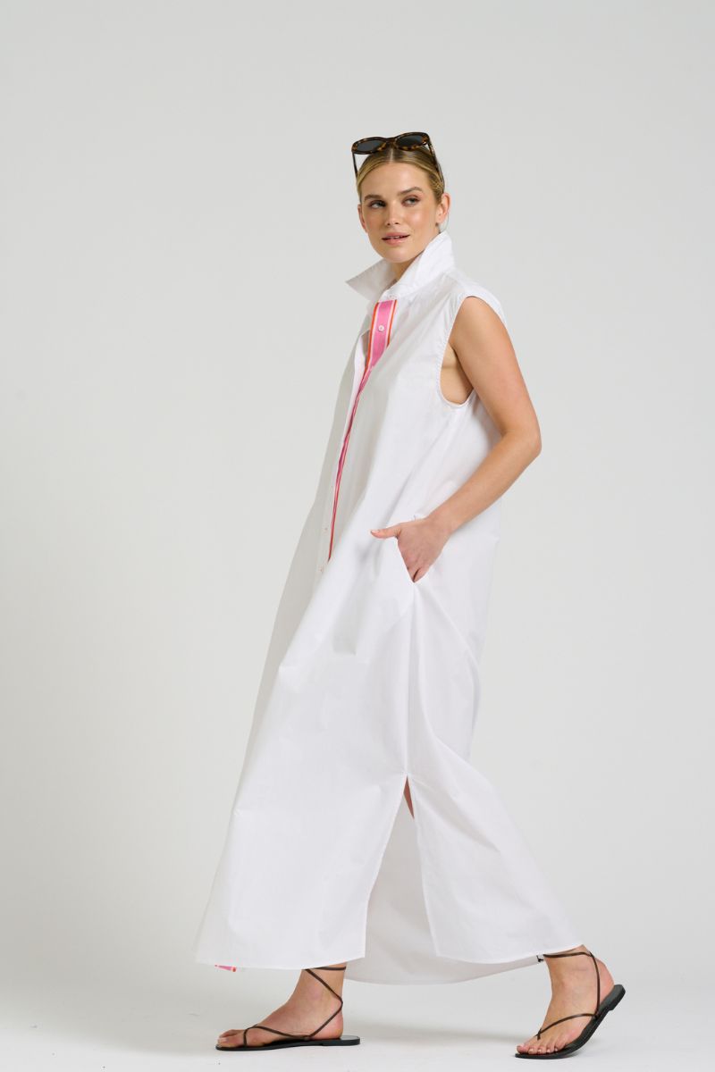 Sabine Dress Sleeveless Dress - White With Pink & Beige Trim