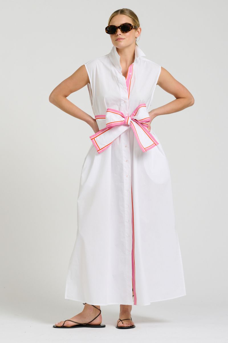 Sabine Dress Sleeveless Dress - White With Pink & Beige Trim