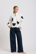 Kitty Popover Shirt - Ivory / Navy Heart Applique