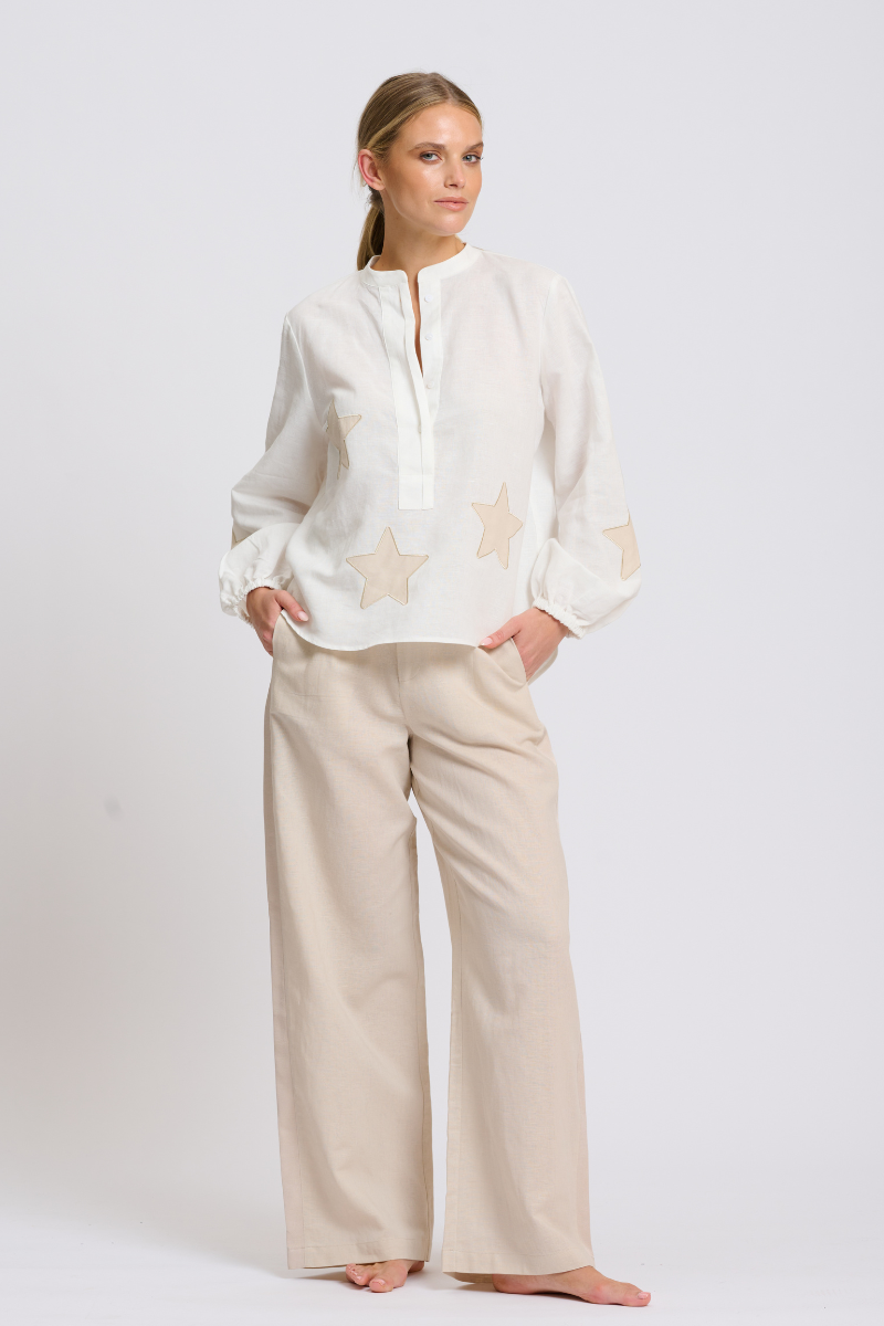 Kitty Popover Shirt - Ivory / Biscuit Star Applique