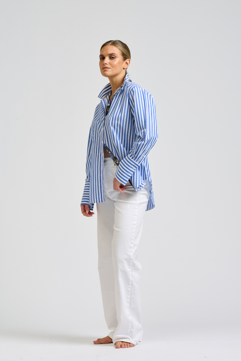 Elodie Shirt Silk Trims - Mid Blue Stripe