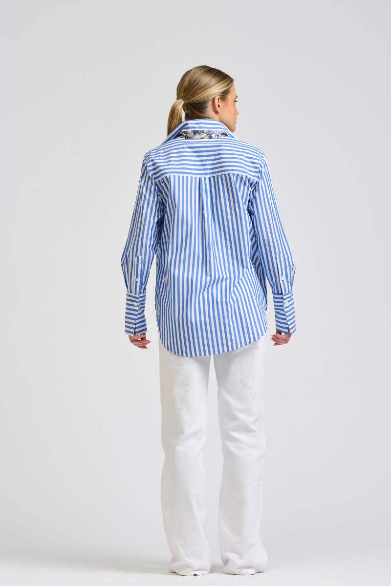 Elodie Shirt Silk Trims - Mid Blue Stripe