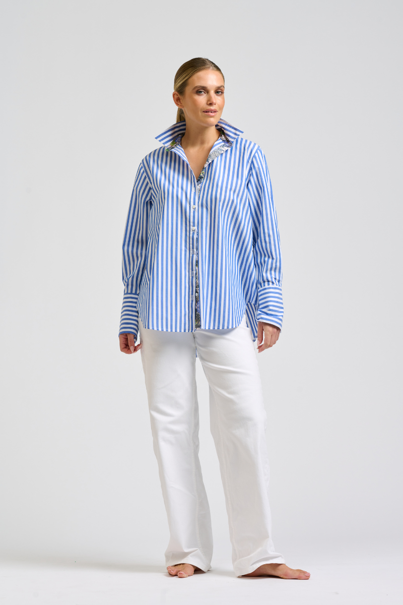 Elodie Shirt Silk Trims - Mid Blue Stripe