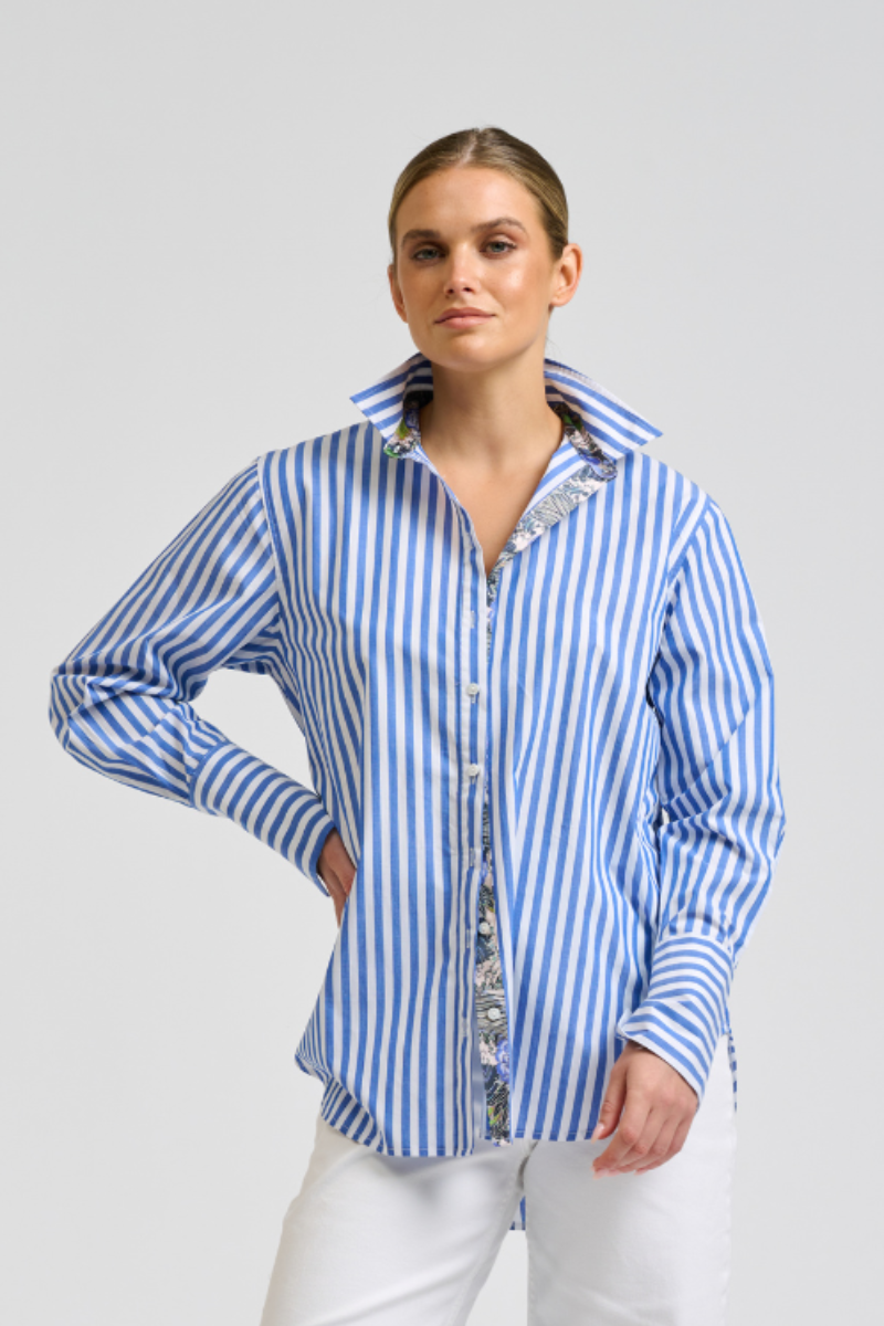 Elodie Shirt Silk Trims - Mid Blue Stripe