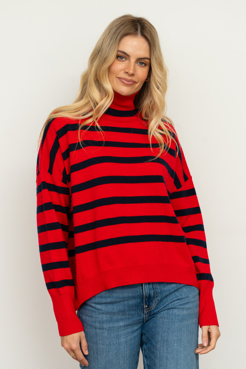 Carter Turtleneck Wool/Cashmere - Red & French Navy