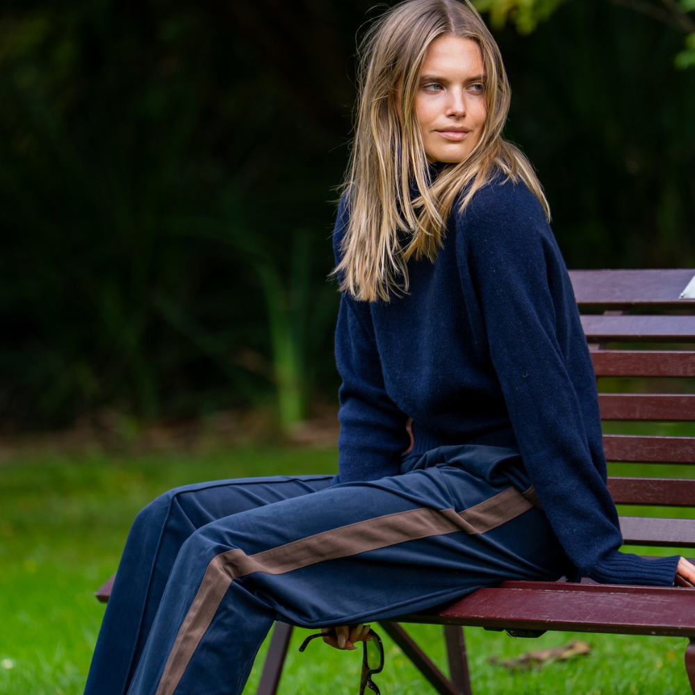 Lucile Velvet Twill Pant - French Navy with Chocolate Stripe