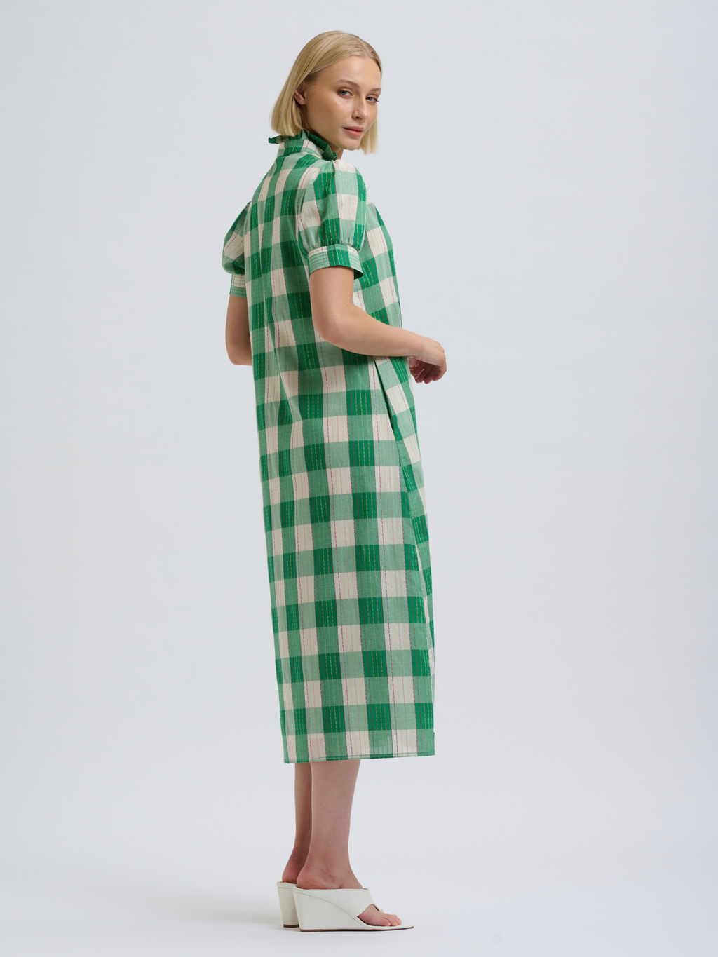Anais Frill Collar Long Line Shirtdress - Big Green Gingham