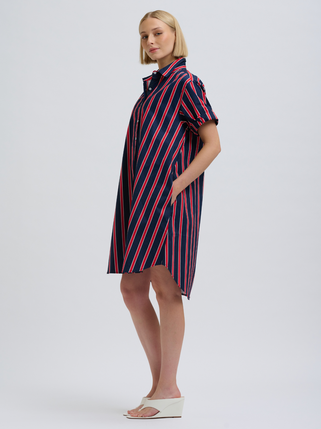 Lucy Short Sleeve Short Dress - Navy & Red Stripe