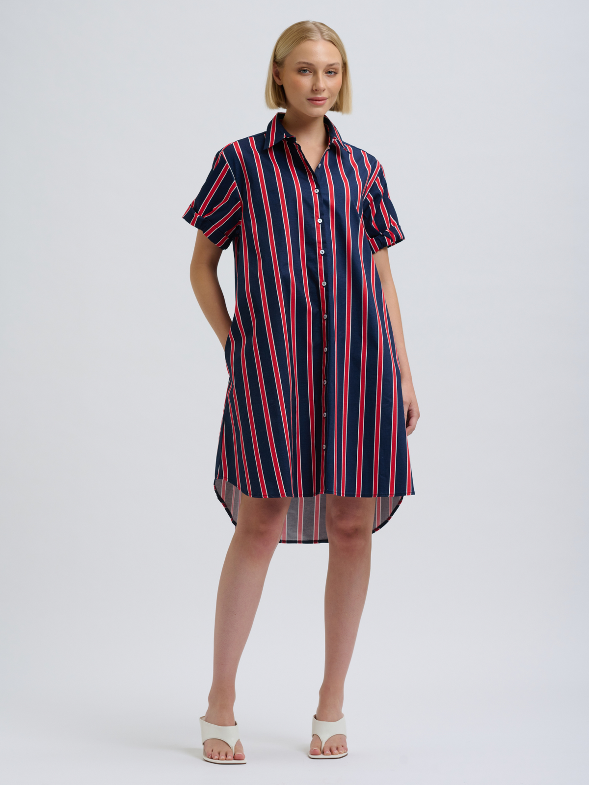 Lucy Short Sleeve Short Dress - Navy & Red Stripe