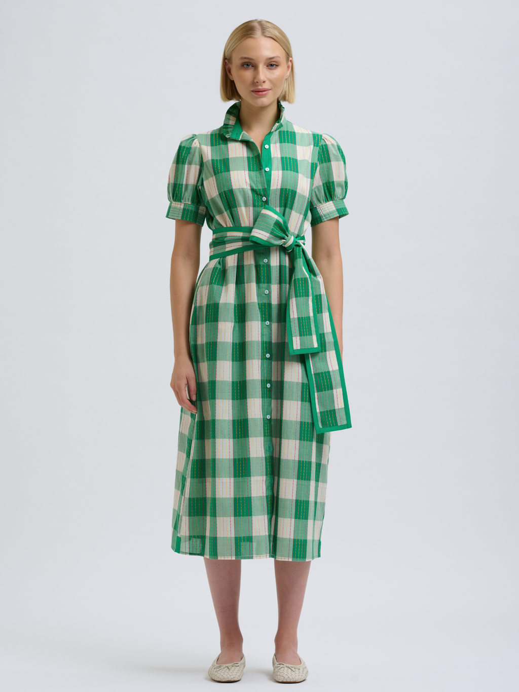 Anais Frill Collar Long Line Shirtdress - Big Green Gingham