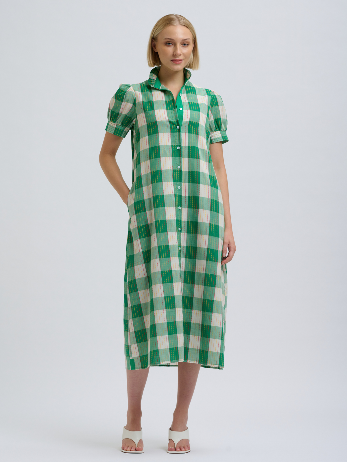 Anais Frill Collar Long Line Shirtdress - Big Green Gingham