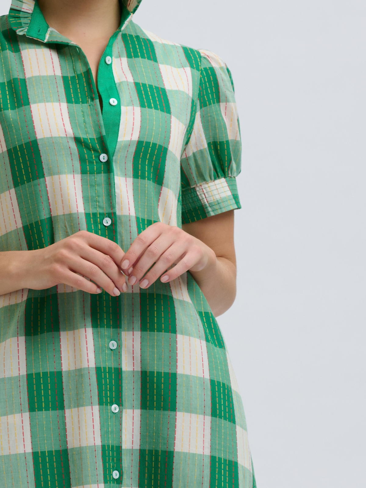 Anais Frill Collar Long Line Shirtdress - Big Green Gingham