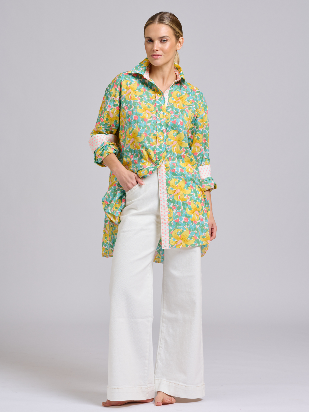 Bobbie Boyfriend Shirt - Neon Floral / Spot Trim