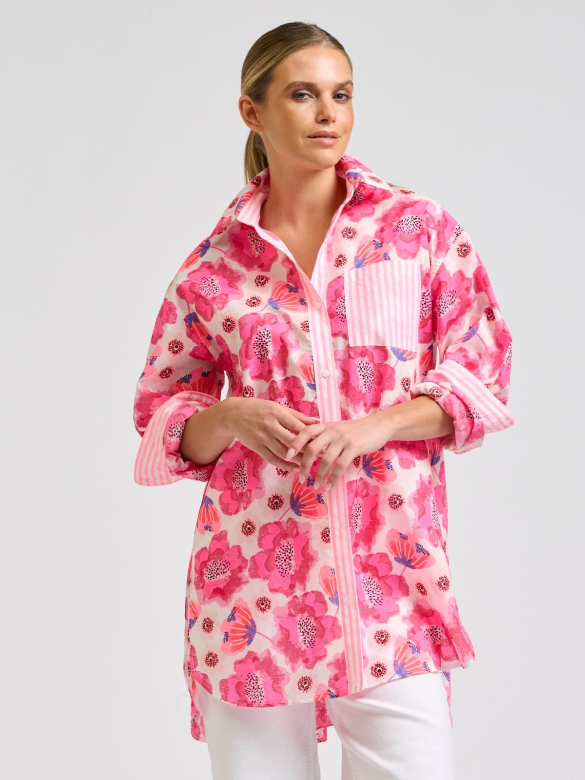 Nessa Boyfriend Shirt - Ivory Neon Floral / Neon Stripe