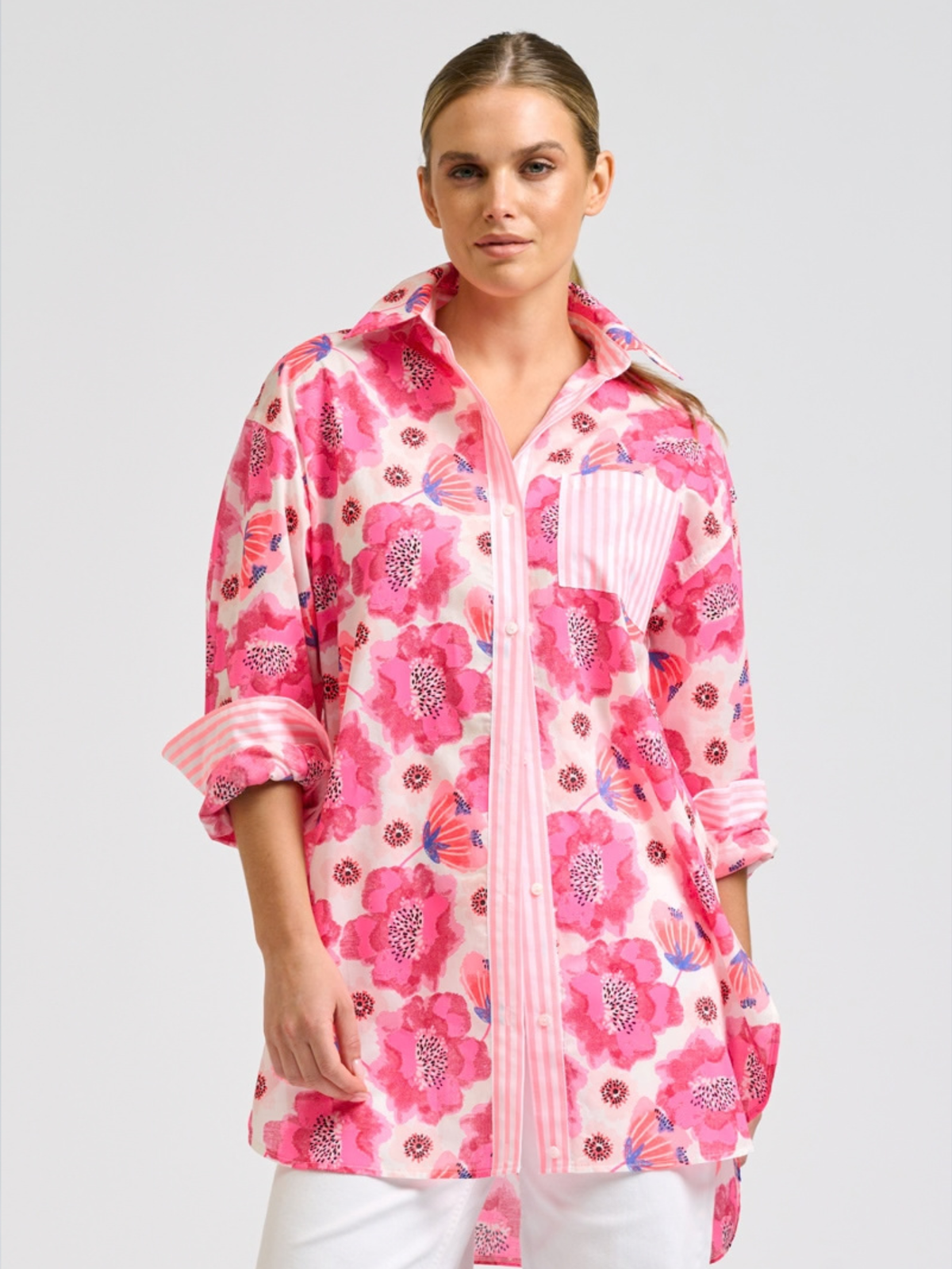 Nessa Boyfriend Shirt - Ivory Neon Floral / Neon Stripe
