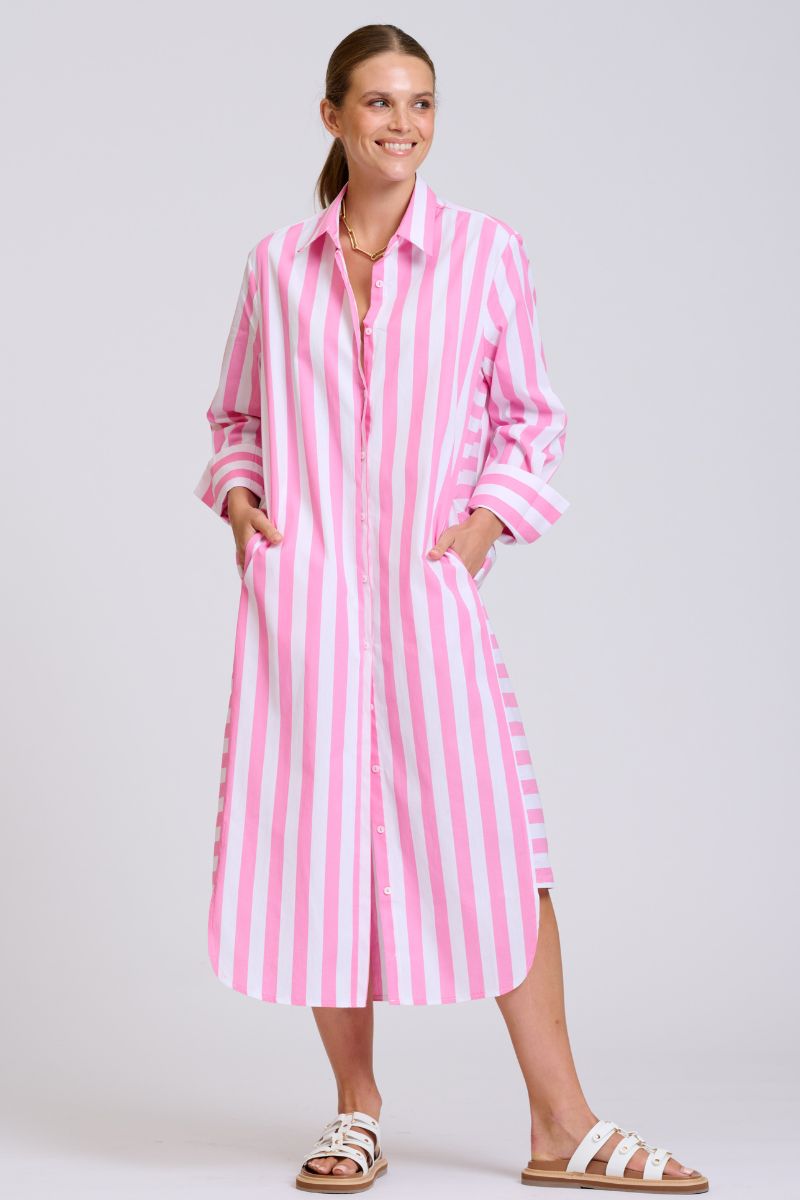The Andrea Shirtdress - Pink Wide Stripe