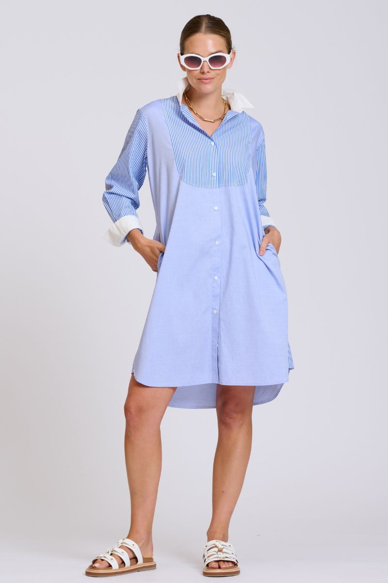 The Claire Classic Bib Shirtdress - Blue Combo
