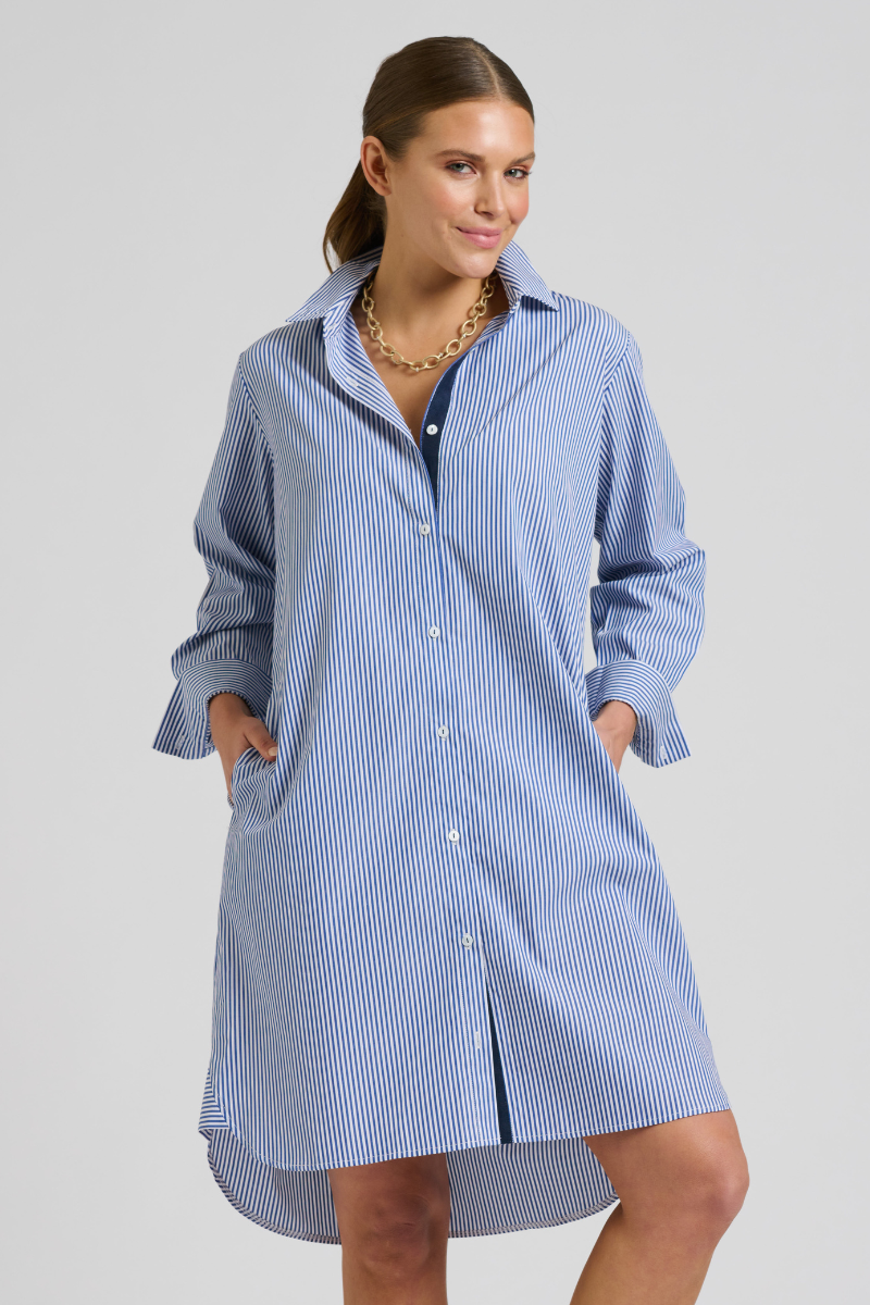 The Claire Classic Grosgrain Shirtdress - French Navy Stripe