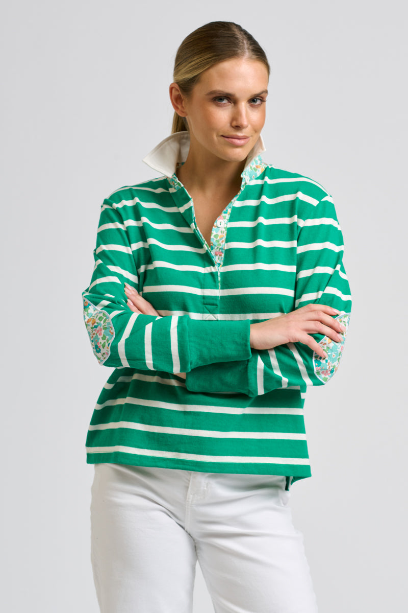 Rugger Rugby Sweatshirt - Green Stripe/Floral Trim