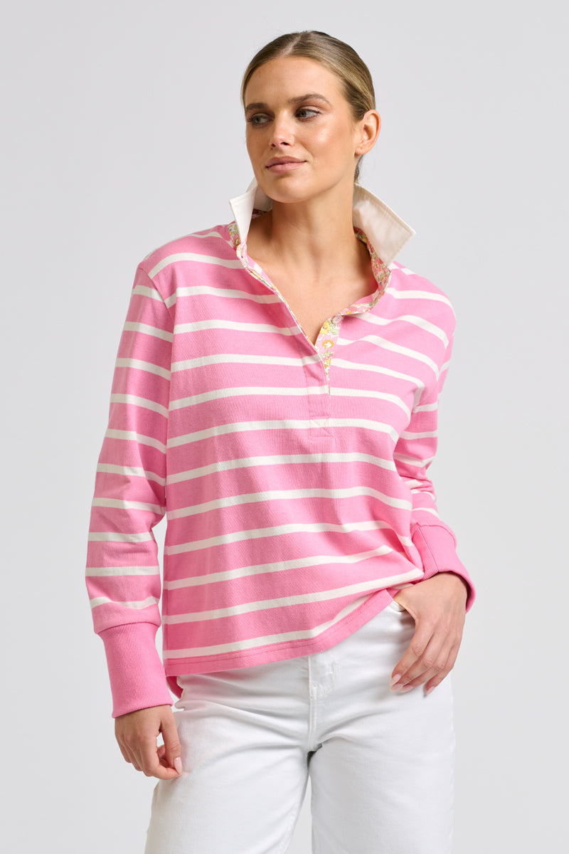 Rugger Rugby Sweatshirt - Pink Stripe/Floral Trim