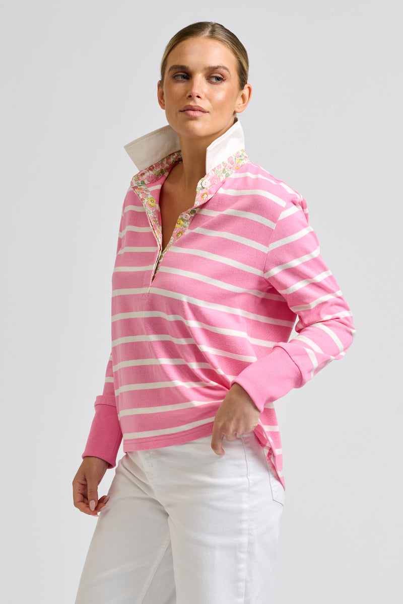 Rugger Rugby Sweatshirt - Pink Stripe/Floral Trim