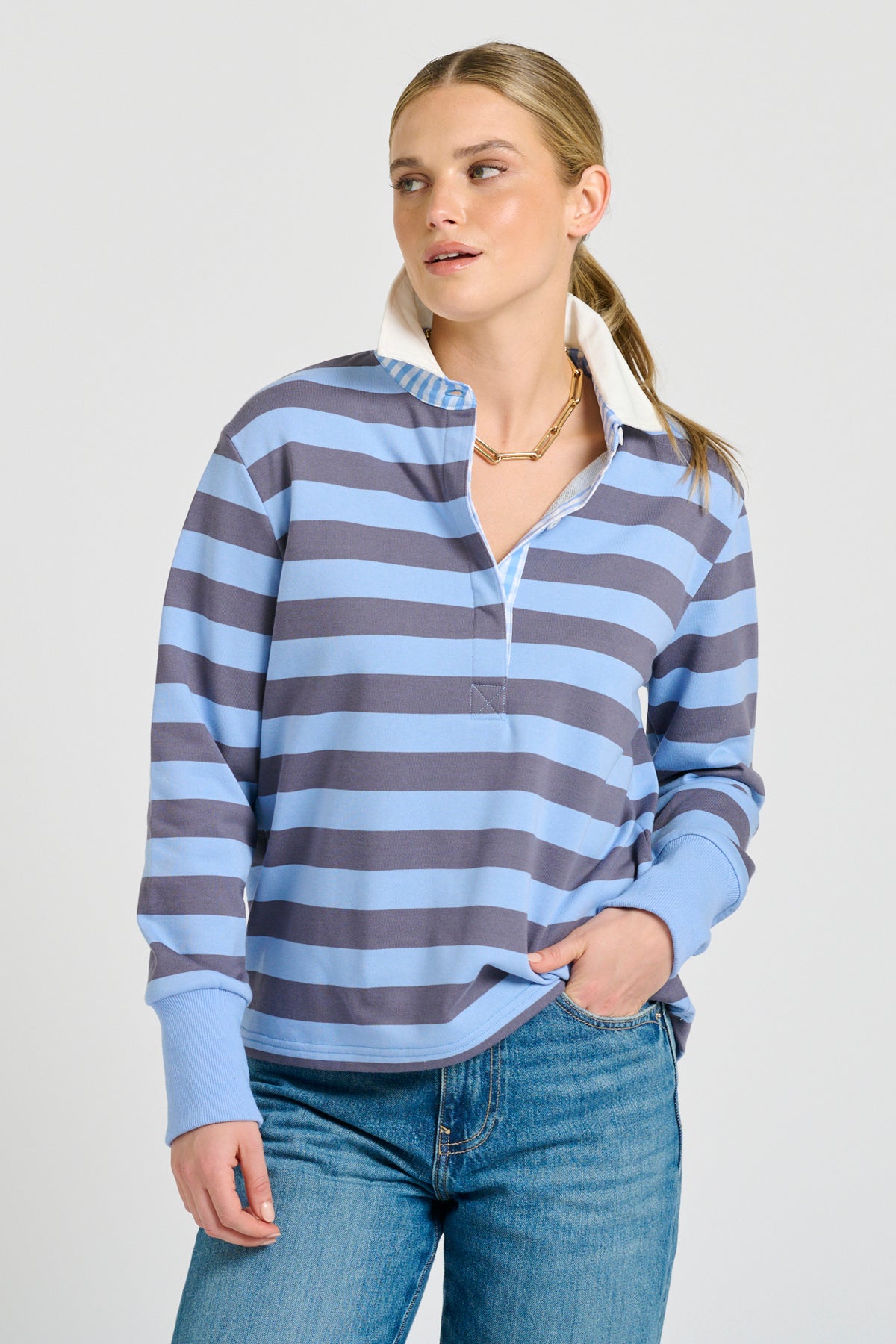 Rugger Rugby Sweatshirt - Double Blue Stripe