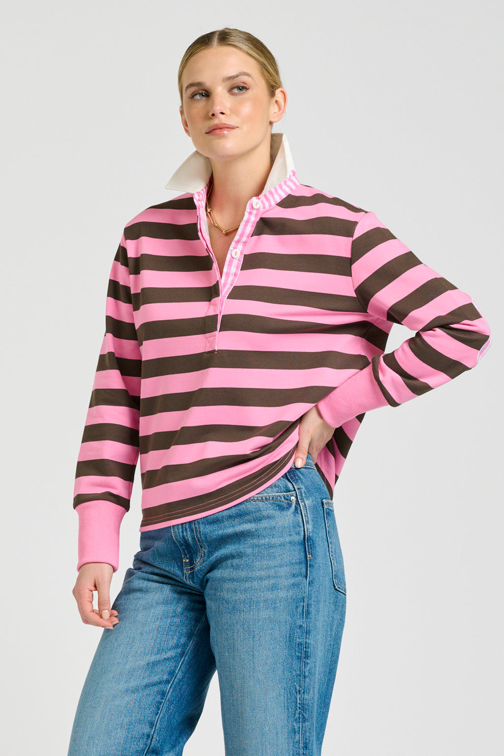 Rugger Rugby Sweatshirt - Pink & Choc Stripe