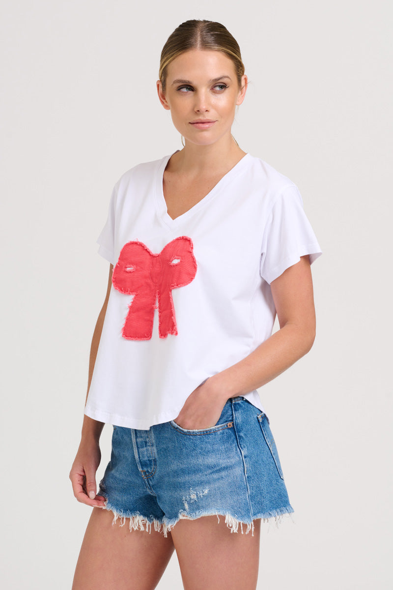 EST The V-neck Applique Bow T-shirt - White/Red