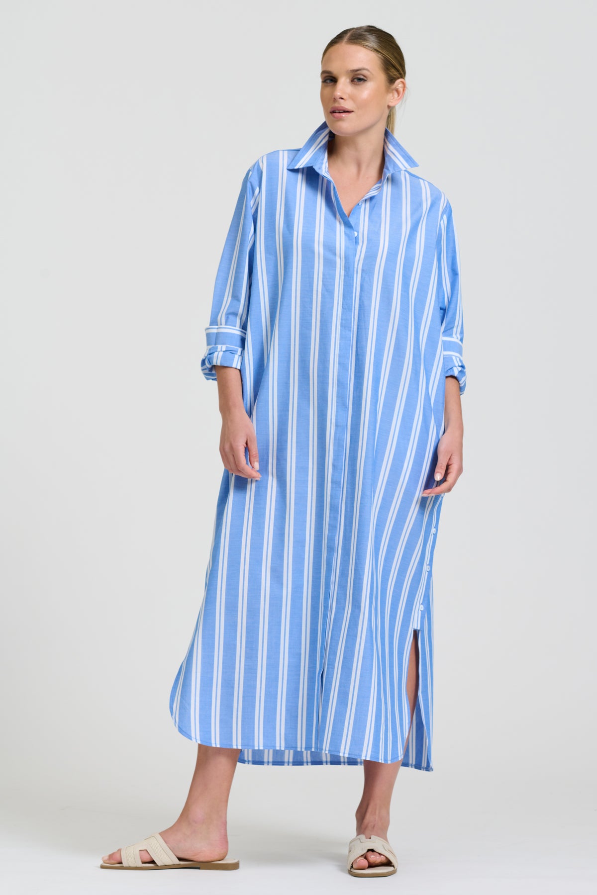 Button Longline Shirt Dress - Mid Blue Stripe