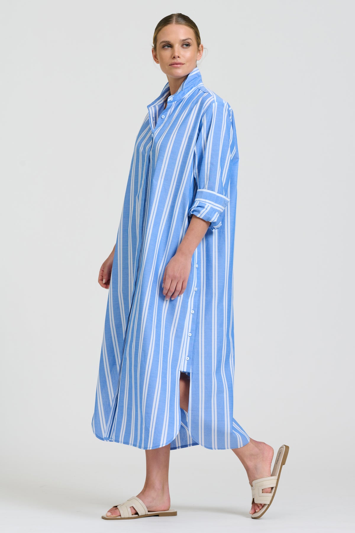 Button Longline Shirt Dress - Mid Blue Stripe