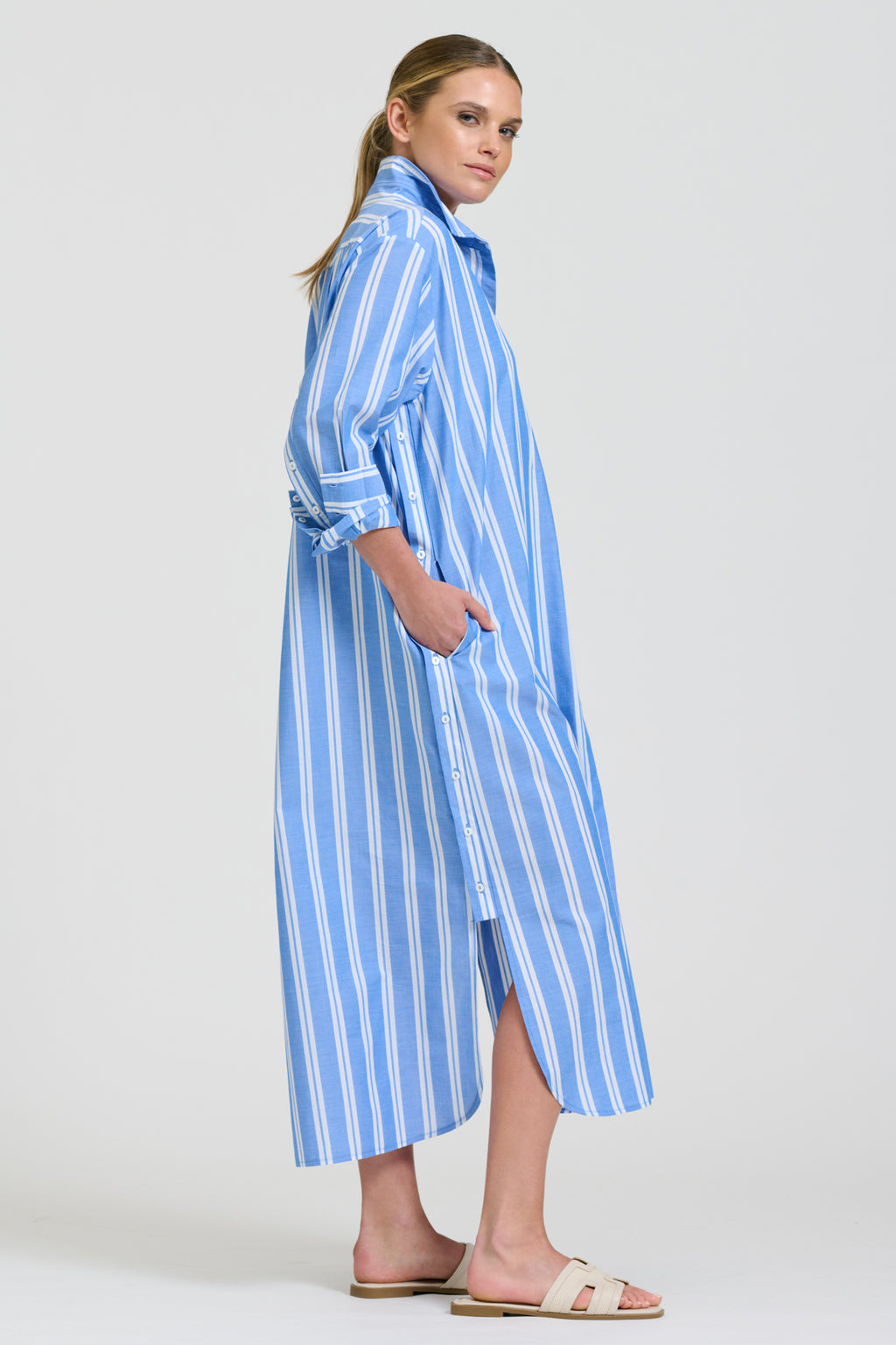 Button Longline Shirt Dress - Mid Blue Stripe