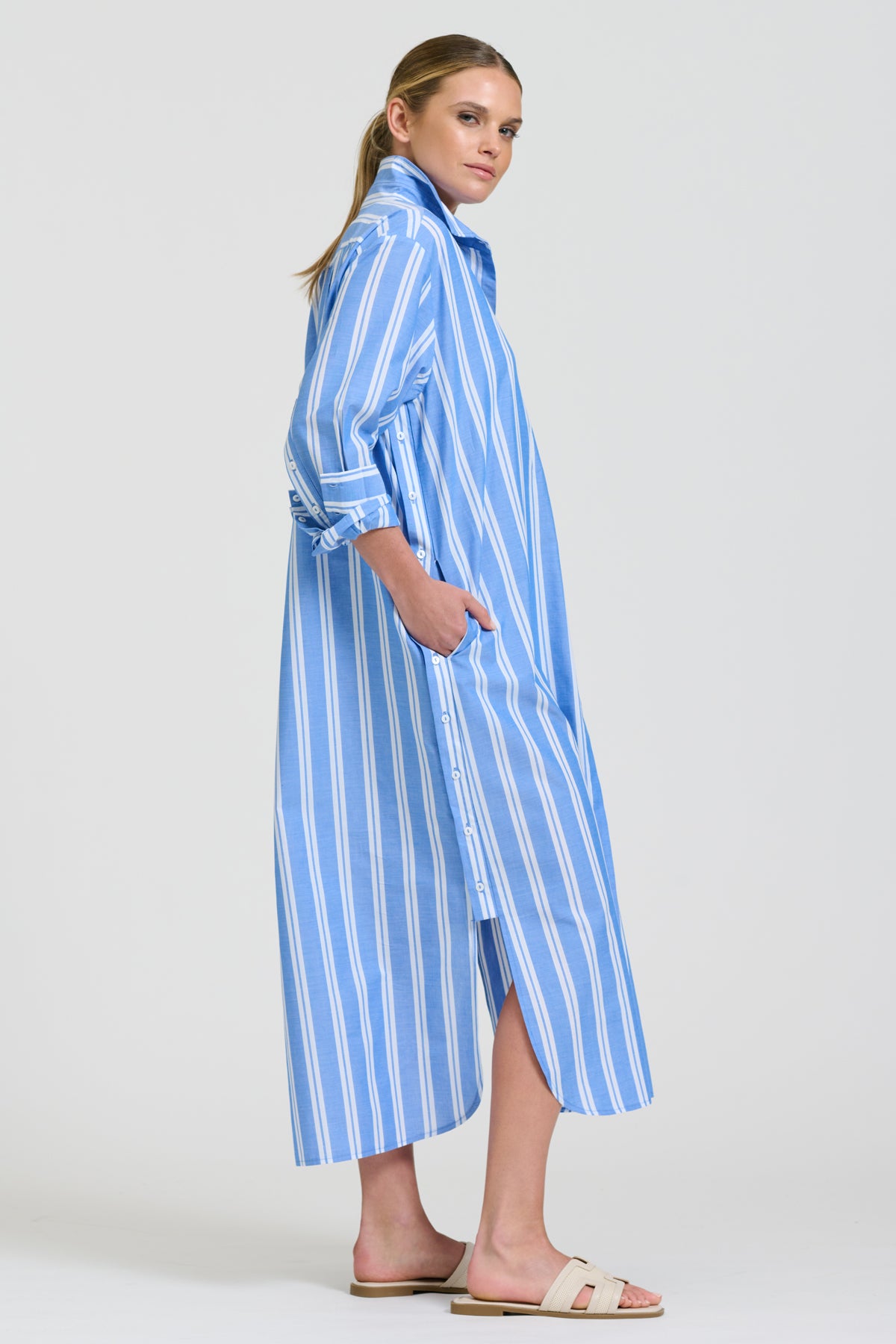 Button Longline Shirt Dress - Mid Blue Stripe