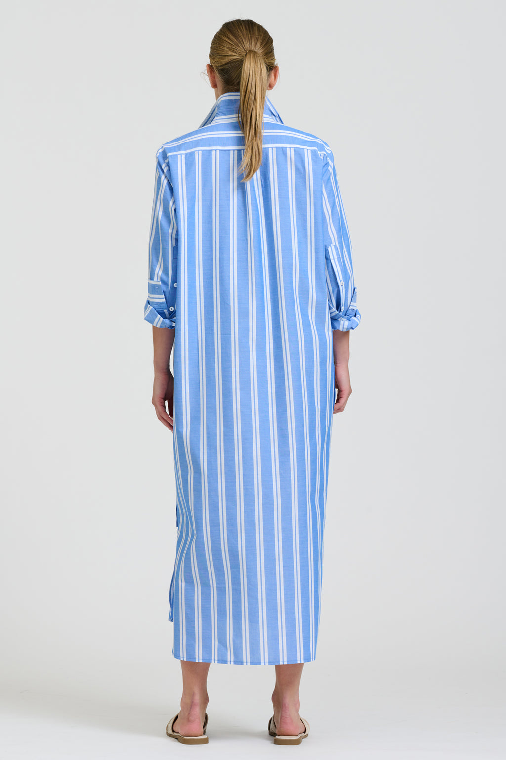 Button Longline Shirt Dress - Mid Blue Stripe