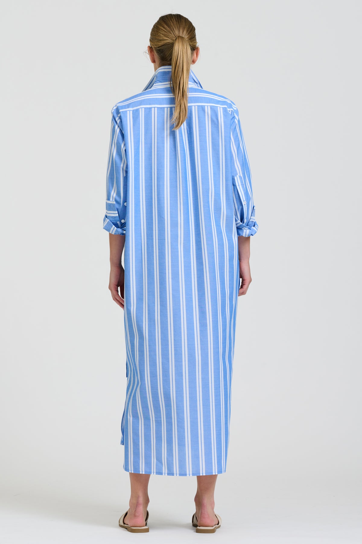 Button Longline Shirt Dress - Mid Blue Stripe
