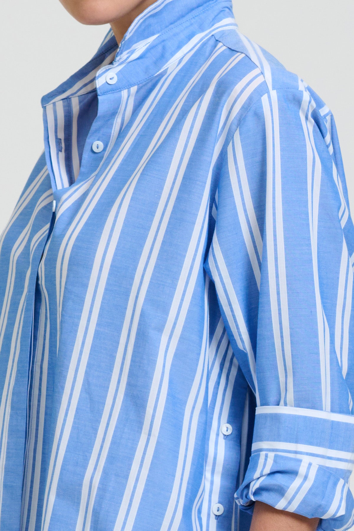Button Longline Shirt Dress - Mid Blue Stripe