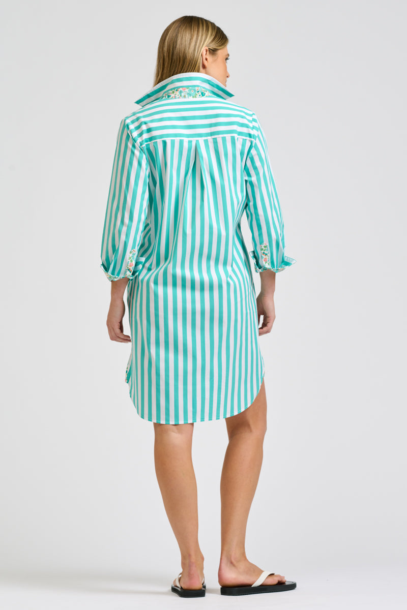 Claire Classic Popover - Marine Green Stripe & Floral Trim