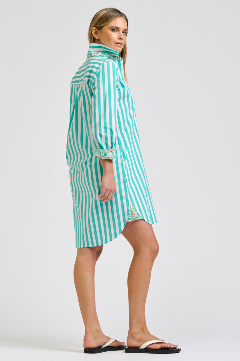 Claire Classic Popover - Marine Green Stripe & Floral Trim