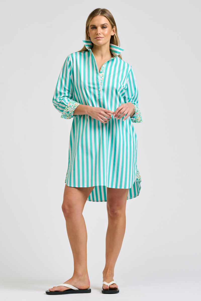 Claire Classic Popover - Marine Green Stripe & Floral Trim