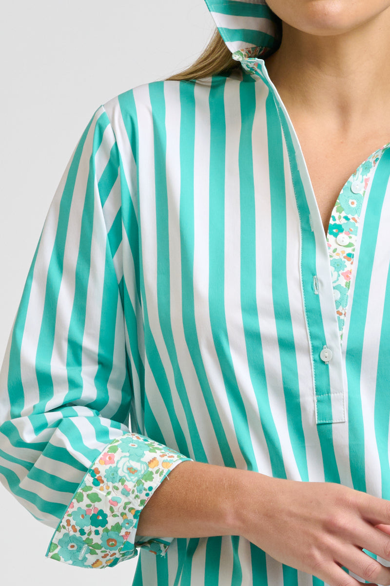 Claire Classic Popover - Marine Green Stripe & Floral Trim