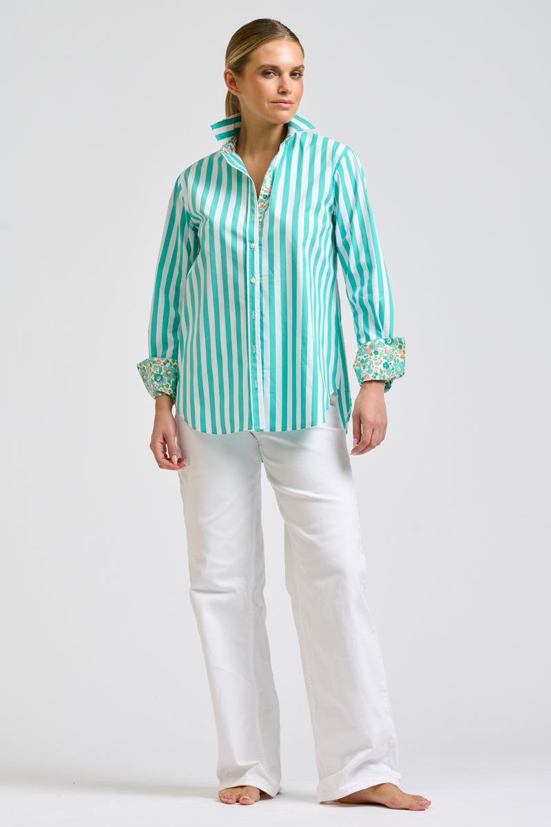 Elodie Shirt - Marine Green & Floral Trim