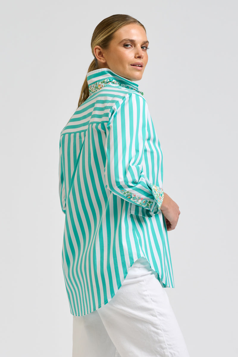 Elodie Shirt - Marine Green & Floral Trim