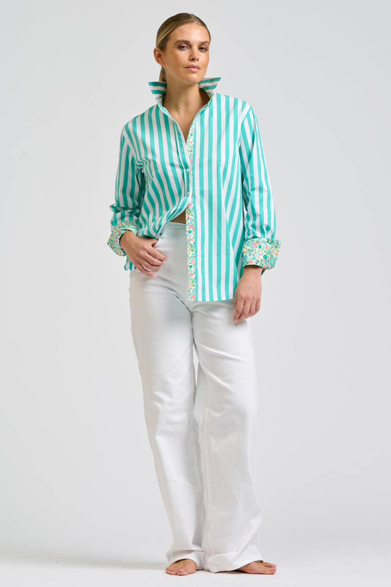 Elodie Shirt - Marine Green & Floral Trim