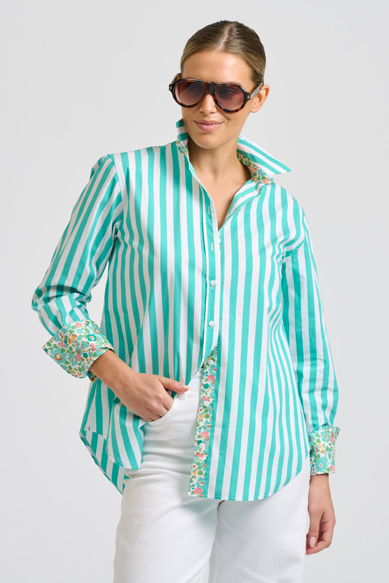 Elodie Shirt - Marine Green & Floral Trim